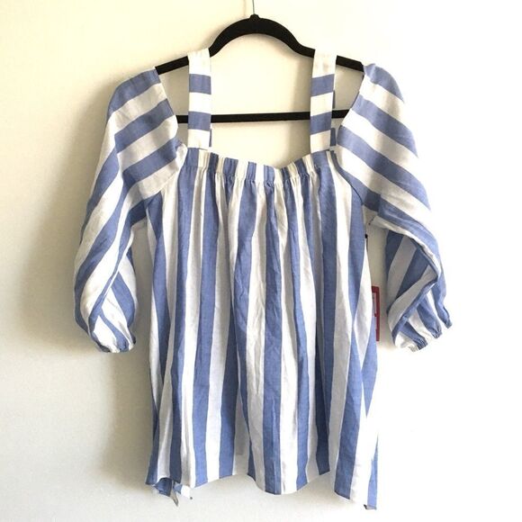 VINCE CAMUTO Sleeveless Off Shoulder Striped Blouse Blue White XS - Picture 7 of 12